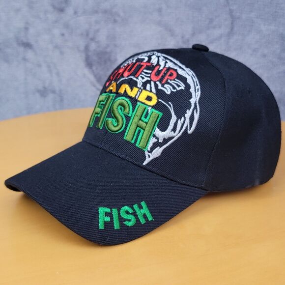Embroidered Shut Up & Fish Fishing Hat Black Adjustable Hook & Loop Trucker Cap - Picture 10 of 16
